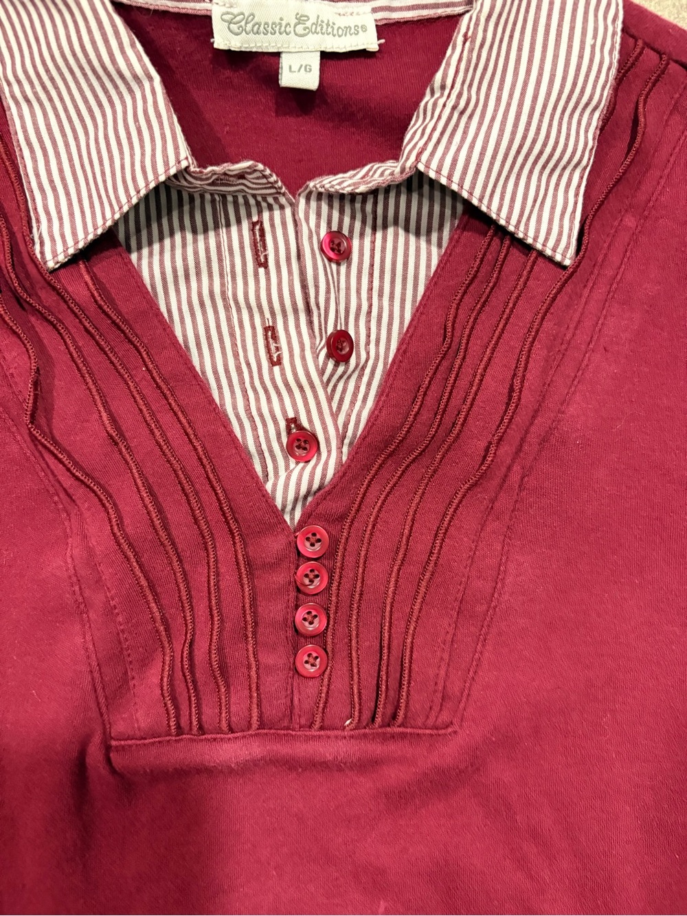Vintage Layered-Look V-Neck Fooler Sweater with Striped Collar - Burgundy. Large - Picture 3 of 12
